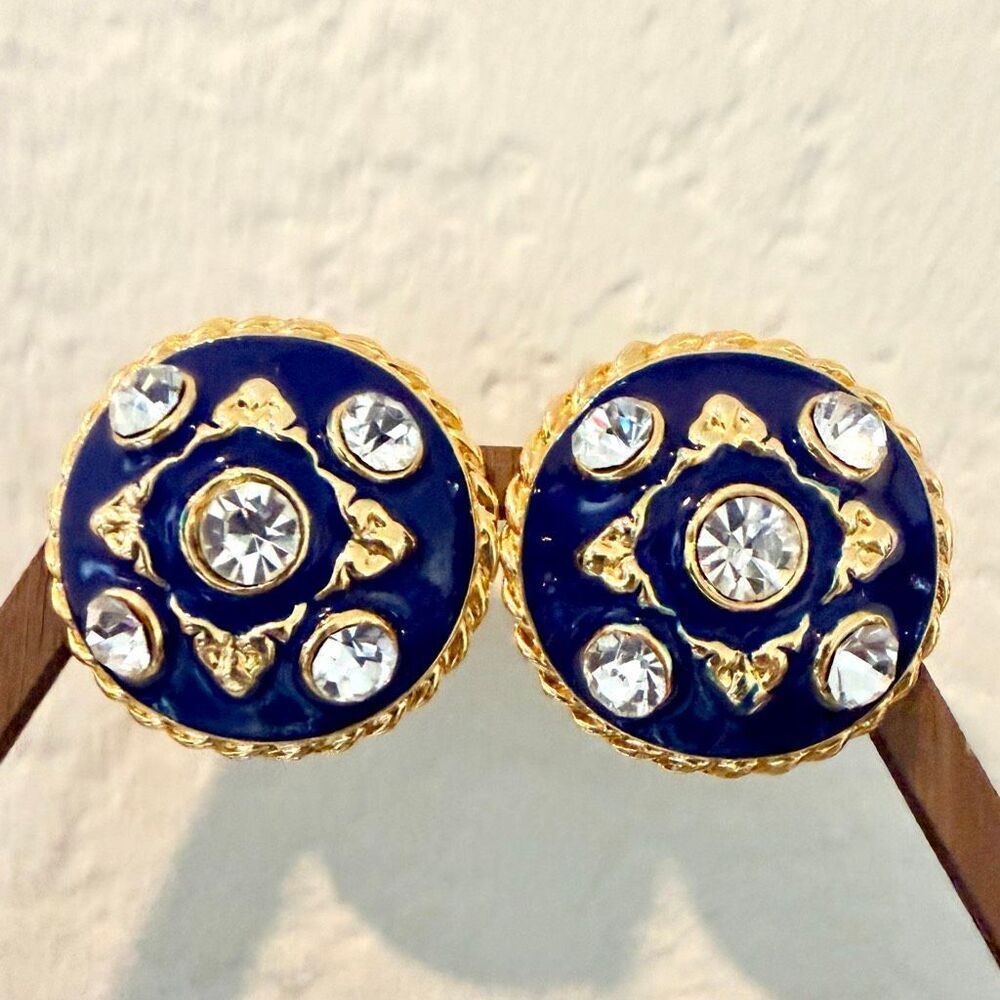 Vintage Gold Tone Blue Enamel Rhinestone Clip Earrings Statement